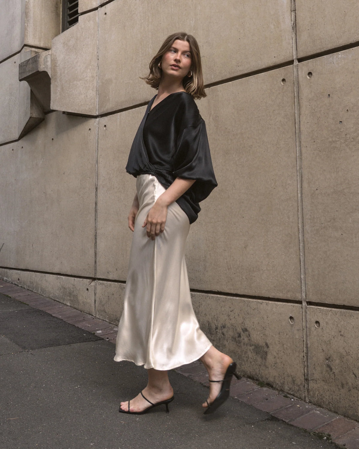 White Closet Black Satin Top