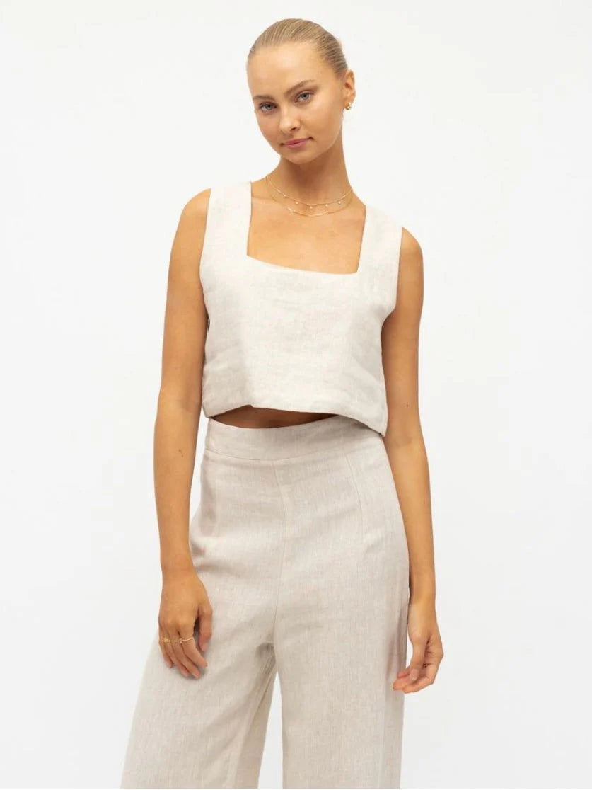 White Closet Luxe Linen Top Beige