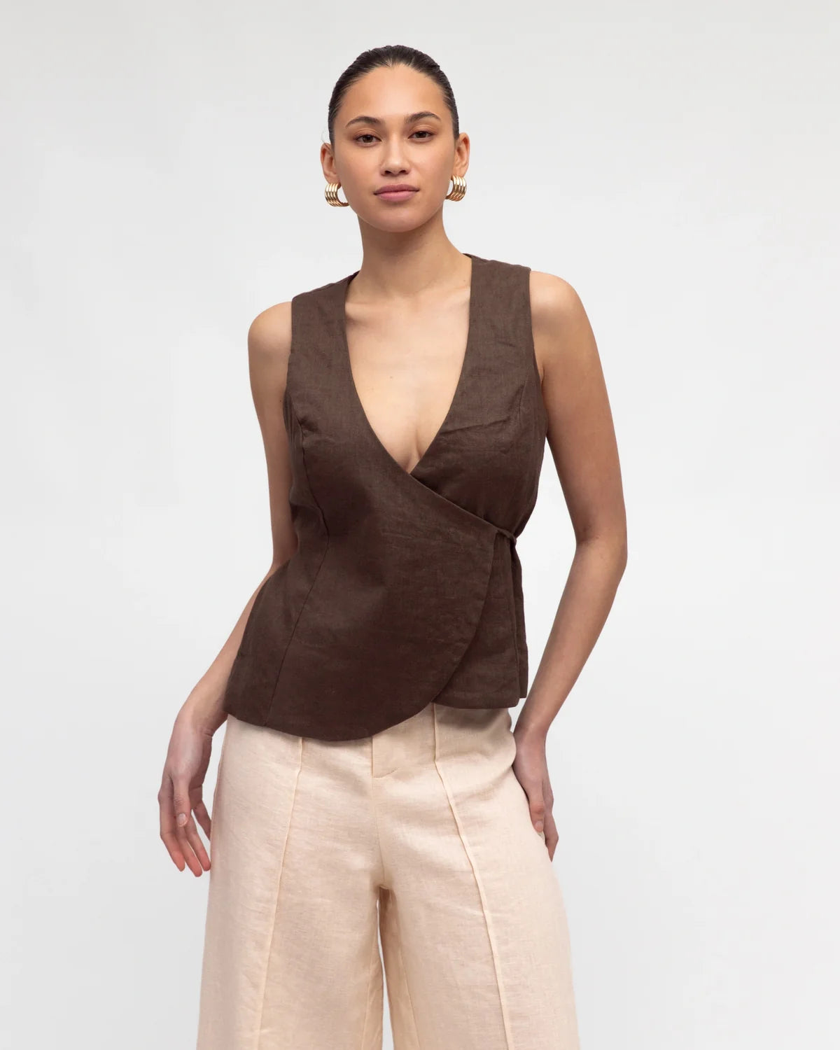 White Closet Brown Linen Wrap Top