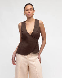 White Closet Brown Linen Wrap Top