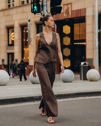 White Closet Brown Linen Wrap Top