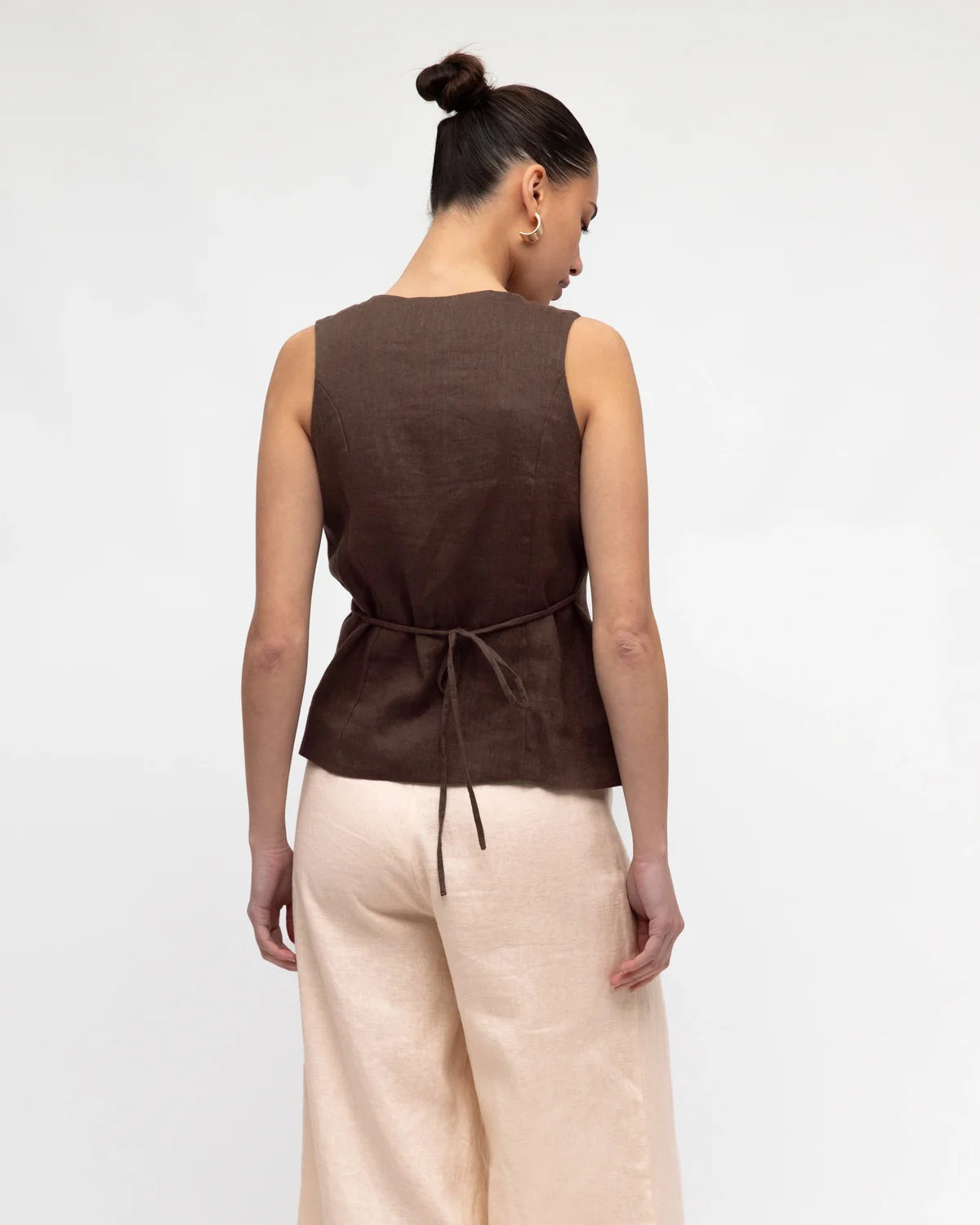 White Closet Brown Linen Wrap Top