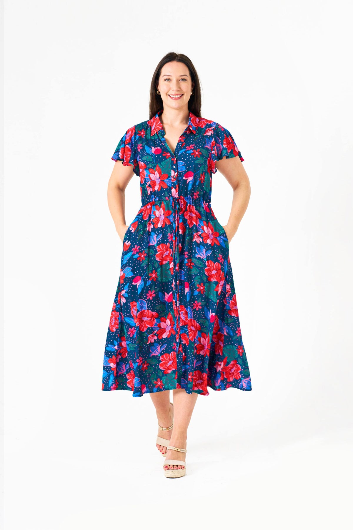 Boho Aus Navy Red Floral Dress